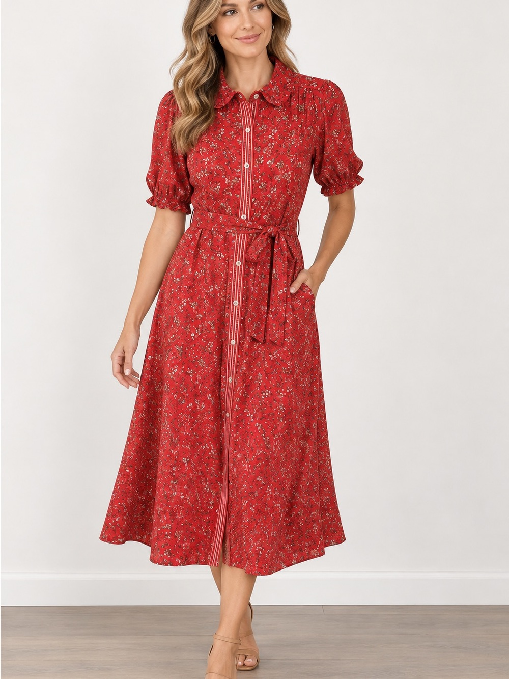 Max Studio Red Floral Button-Down Midi Dress with Tie Belt